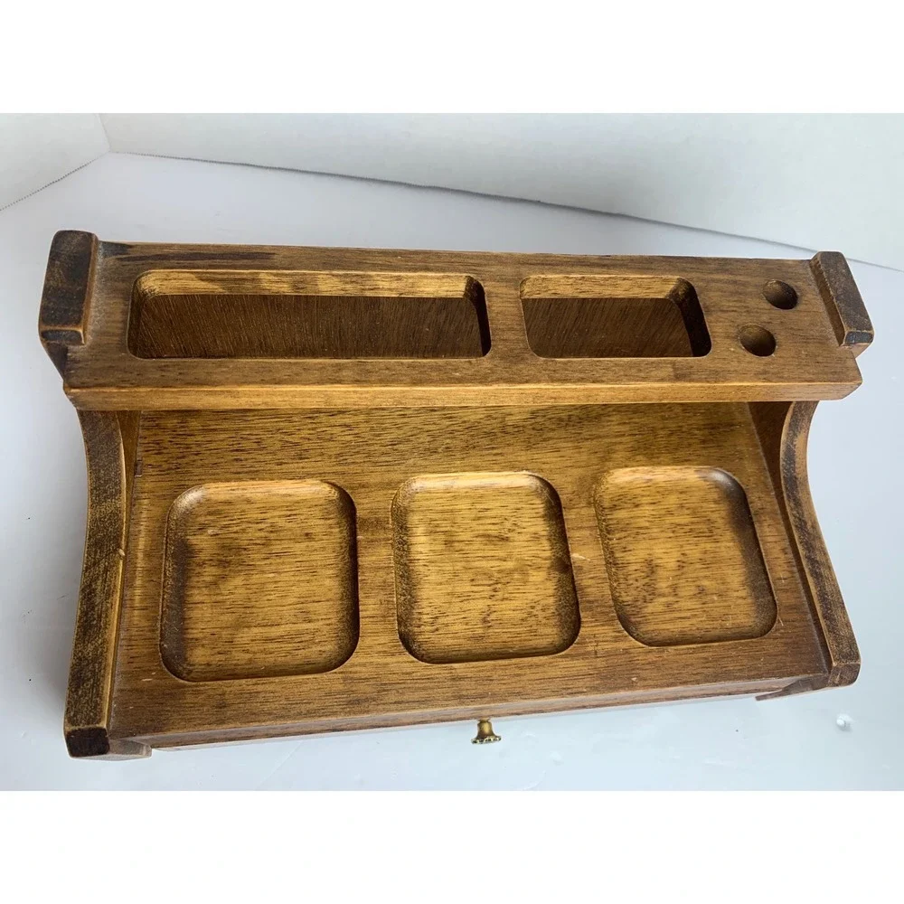 Vintage Wood Desk Organizer Valet Tray Red Felt Lined Jewelry Drawer Brown